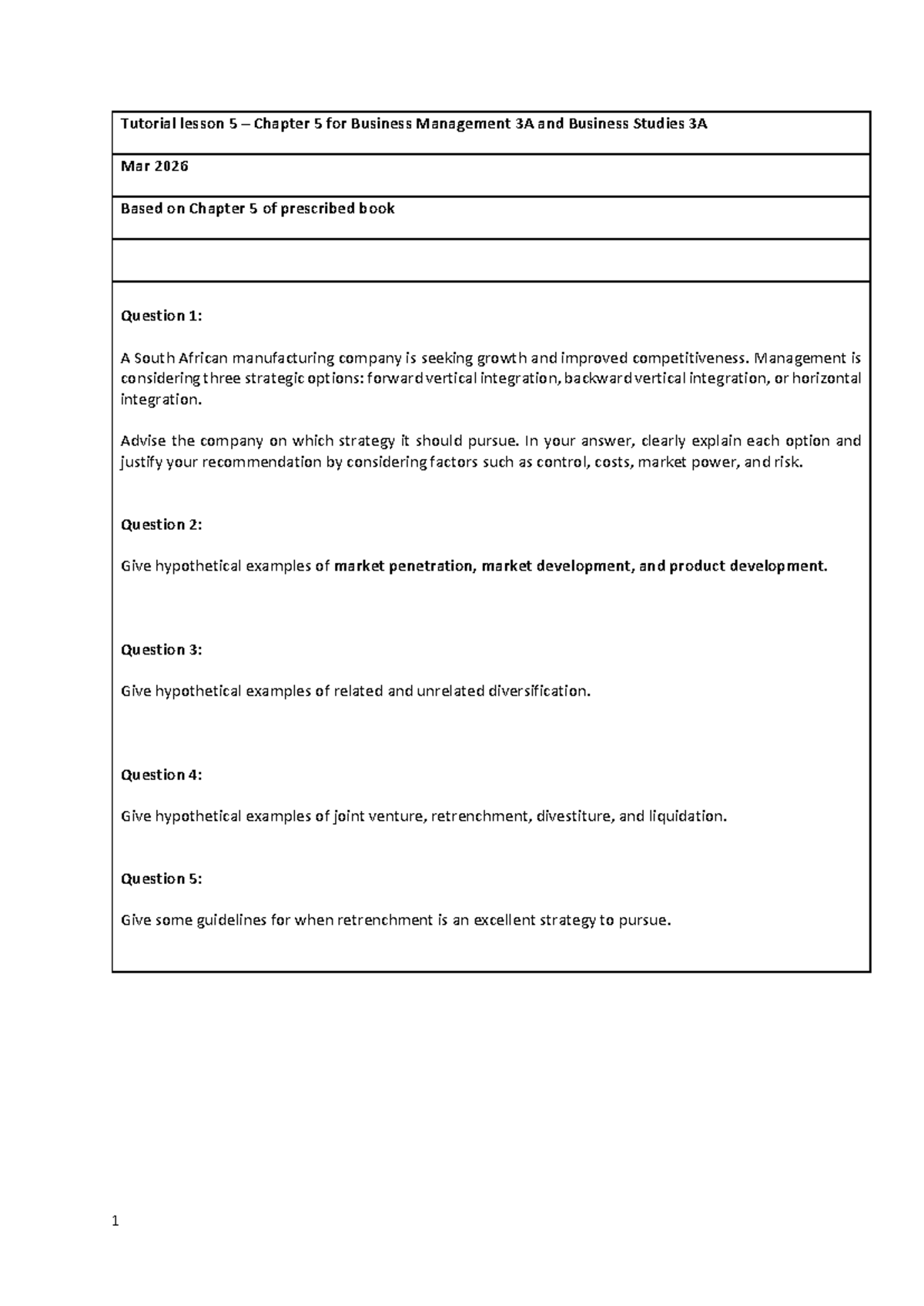Tutorial Lesson 5: Strategic Options in Business Management 3A - Studocu