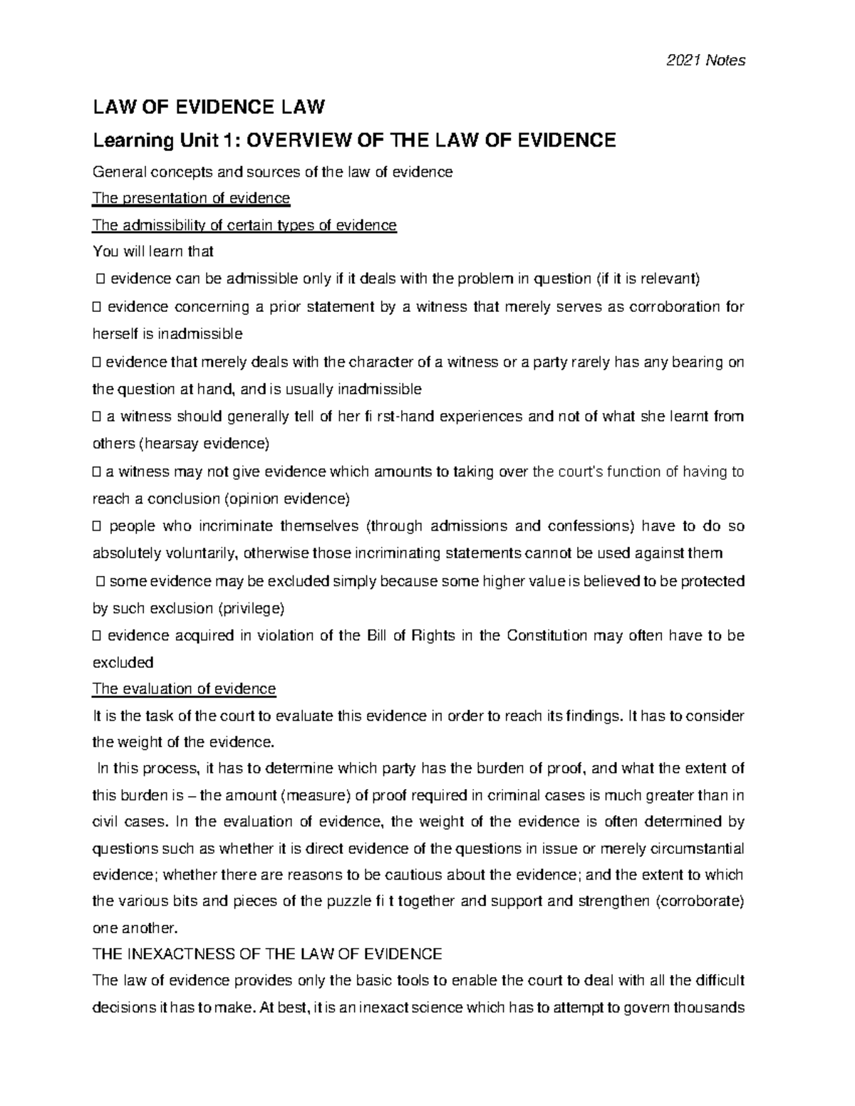 LAW OF Evidence Lecture Notes: Key Concepts and Admissibility - Studocu