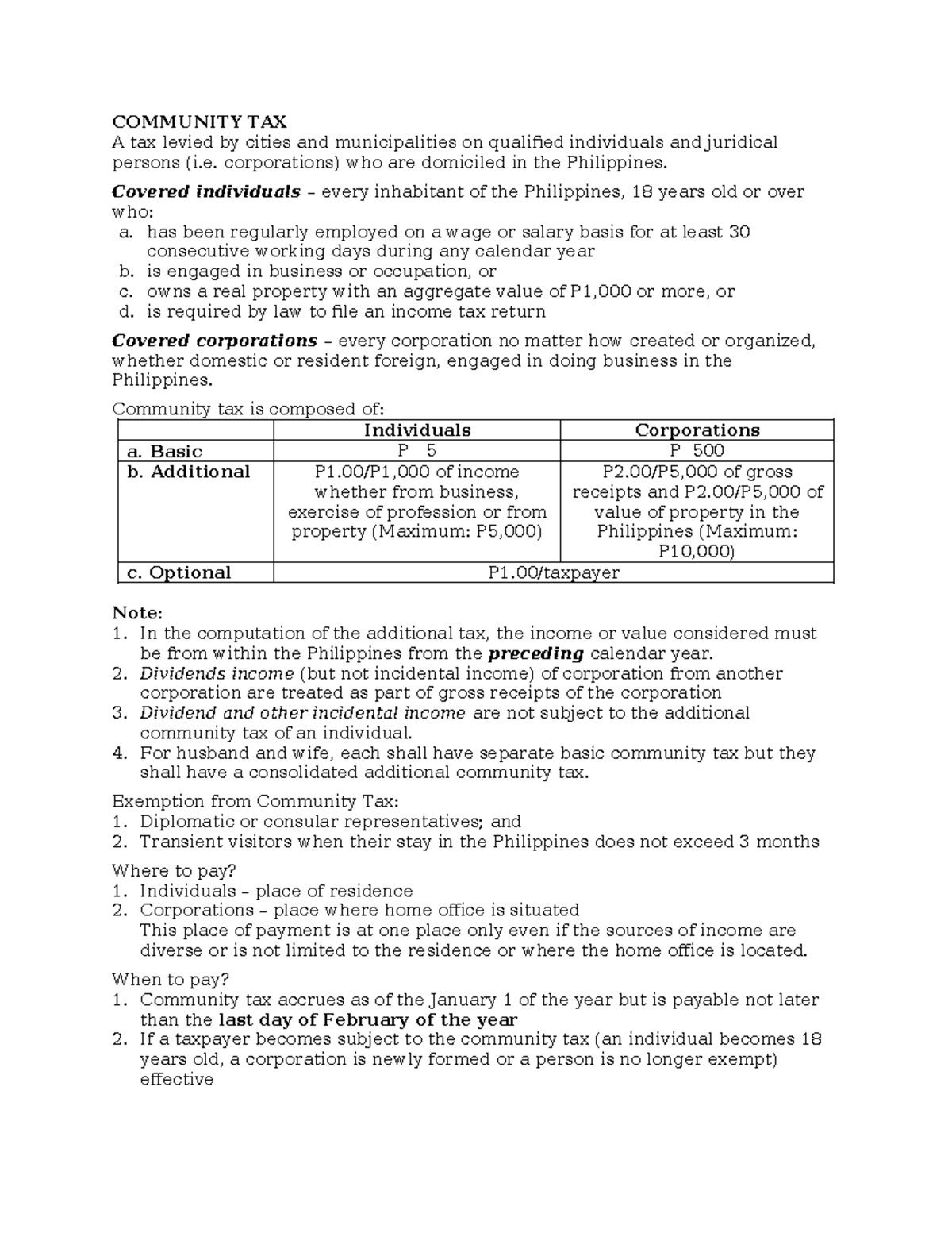 COMMUNITY TAX Overview and Guidelines for Individuals and Corporations ...