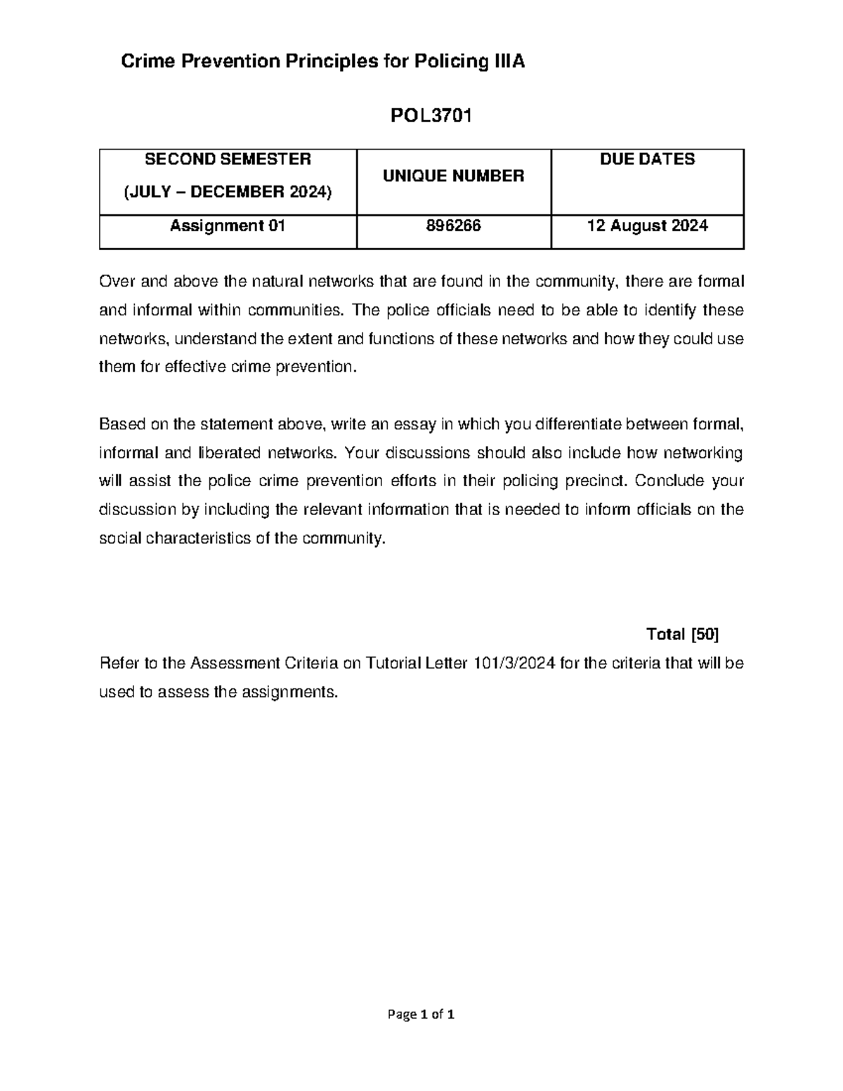 Crime Prevention Principles for Policing 111: POL3701 Assignment 1 ...