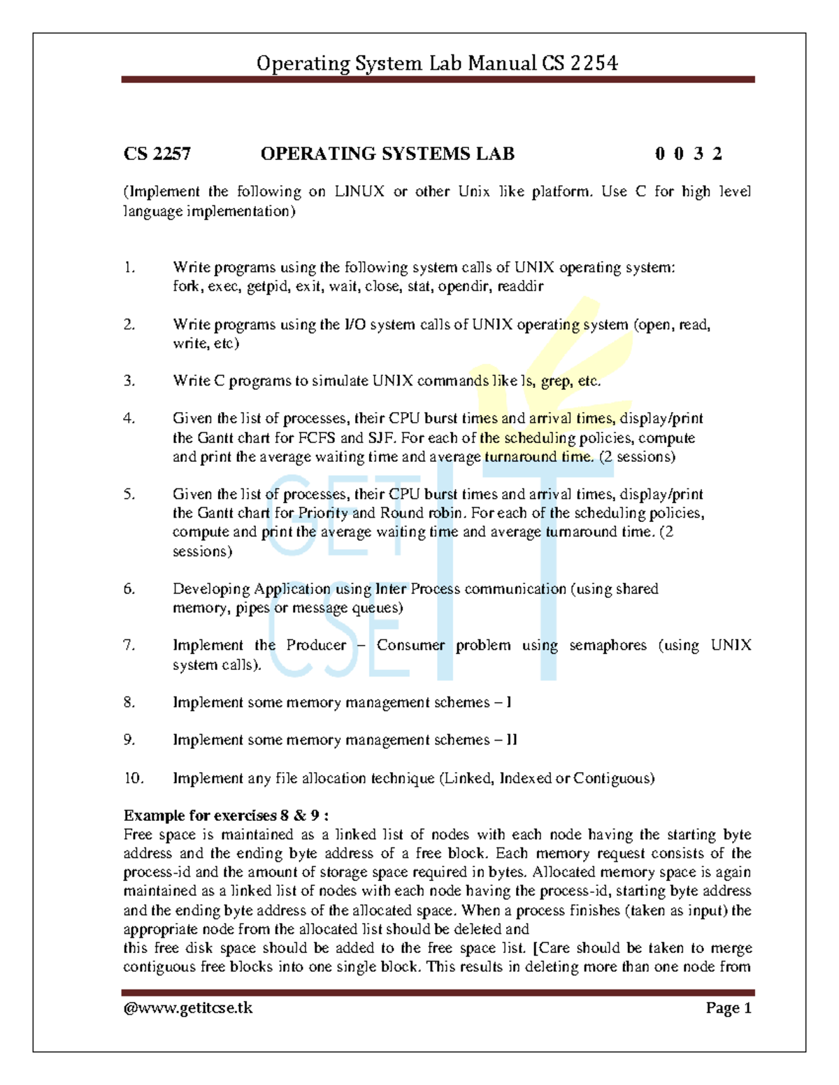 OS Lab Manual CS 2254: UNIX System Calls & Shell Programming - Studocu