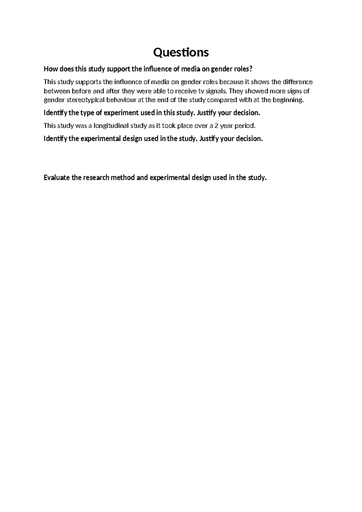 Psych 101 - Media Influence on Gender Roles Study Questions - Studocu