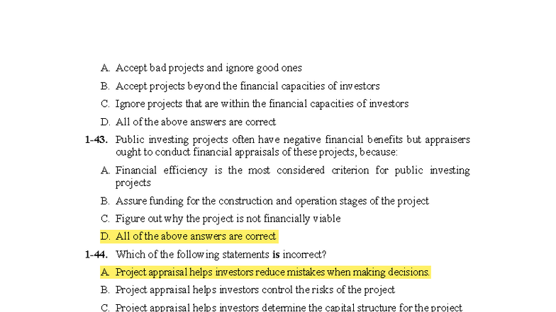 Project Appraisal Quiz - CH2: Key Concepts and Insights - Studocu