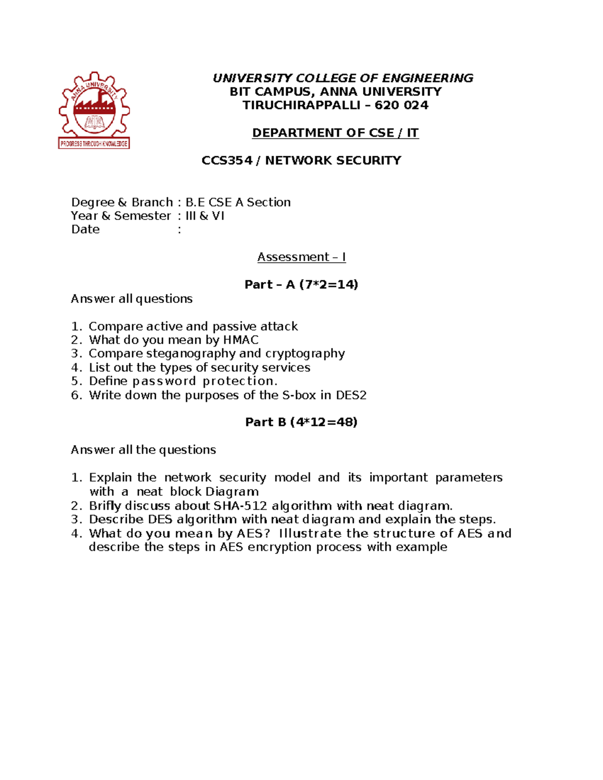 NS CCS354 Network Security Assessment I - Key Concepts and Comparisons ...