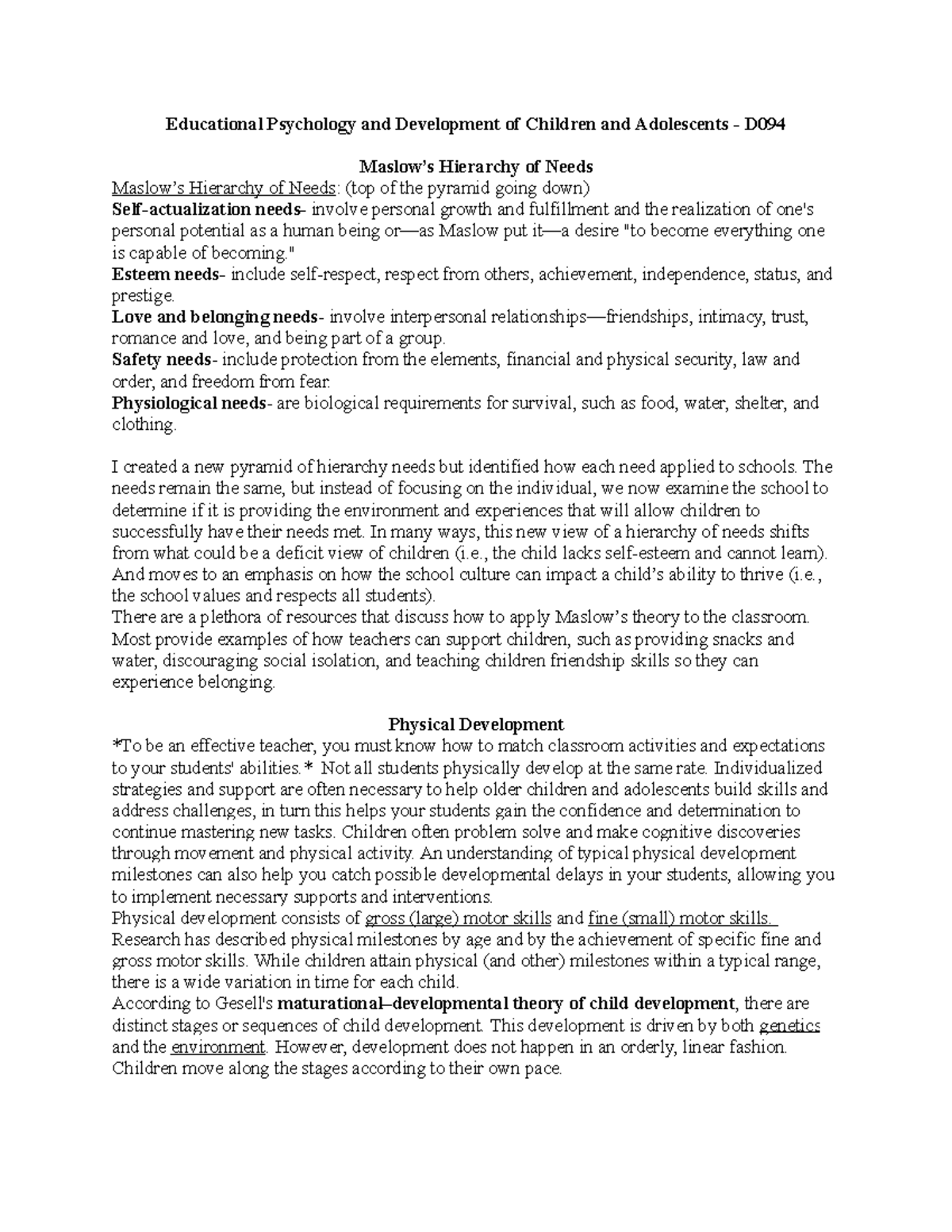Psychology and Development- D094 - Educational Psychology and ...