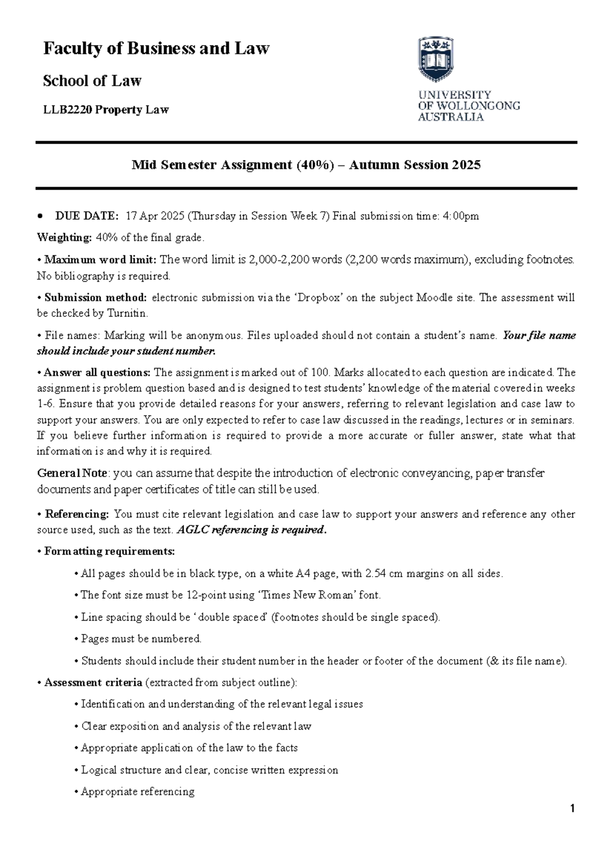 Property Law Mid Semester Assignment (LAW123) - Problem Questions 2025 ...