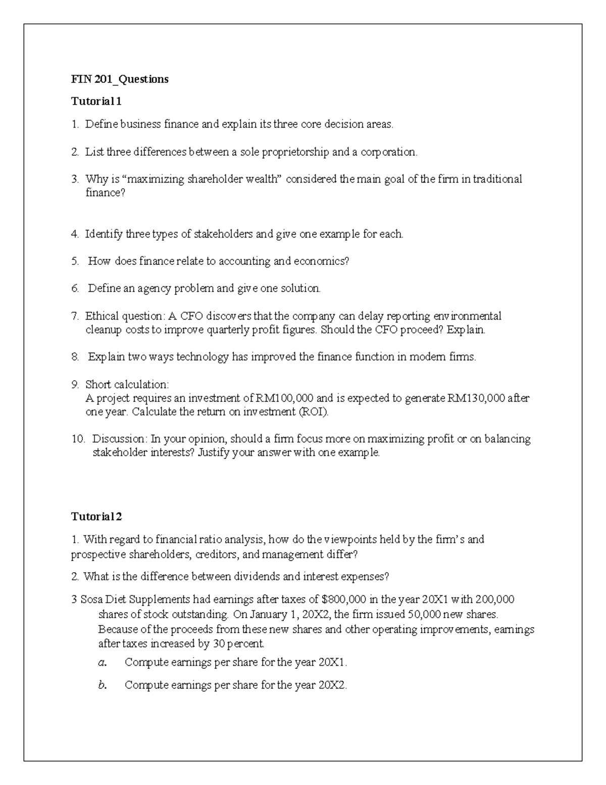 FIN 201_Tutorial Questions and Answers for 2025 - Studocu