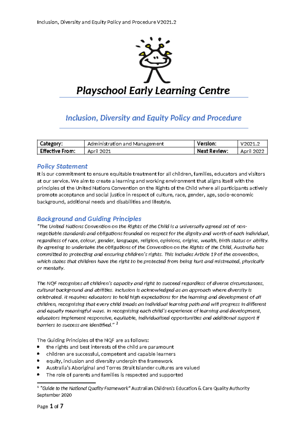 Inclusion Diversity Equity Policy and Procedure V2021 - Playschool ...