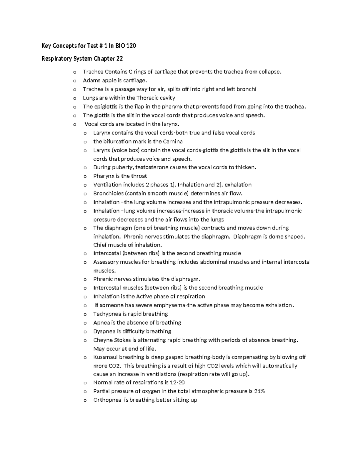 Key Concepts for Test 1 in BIO 120: Respiratory System Overview - Studocu