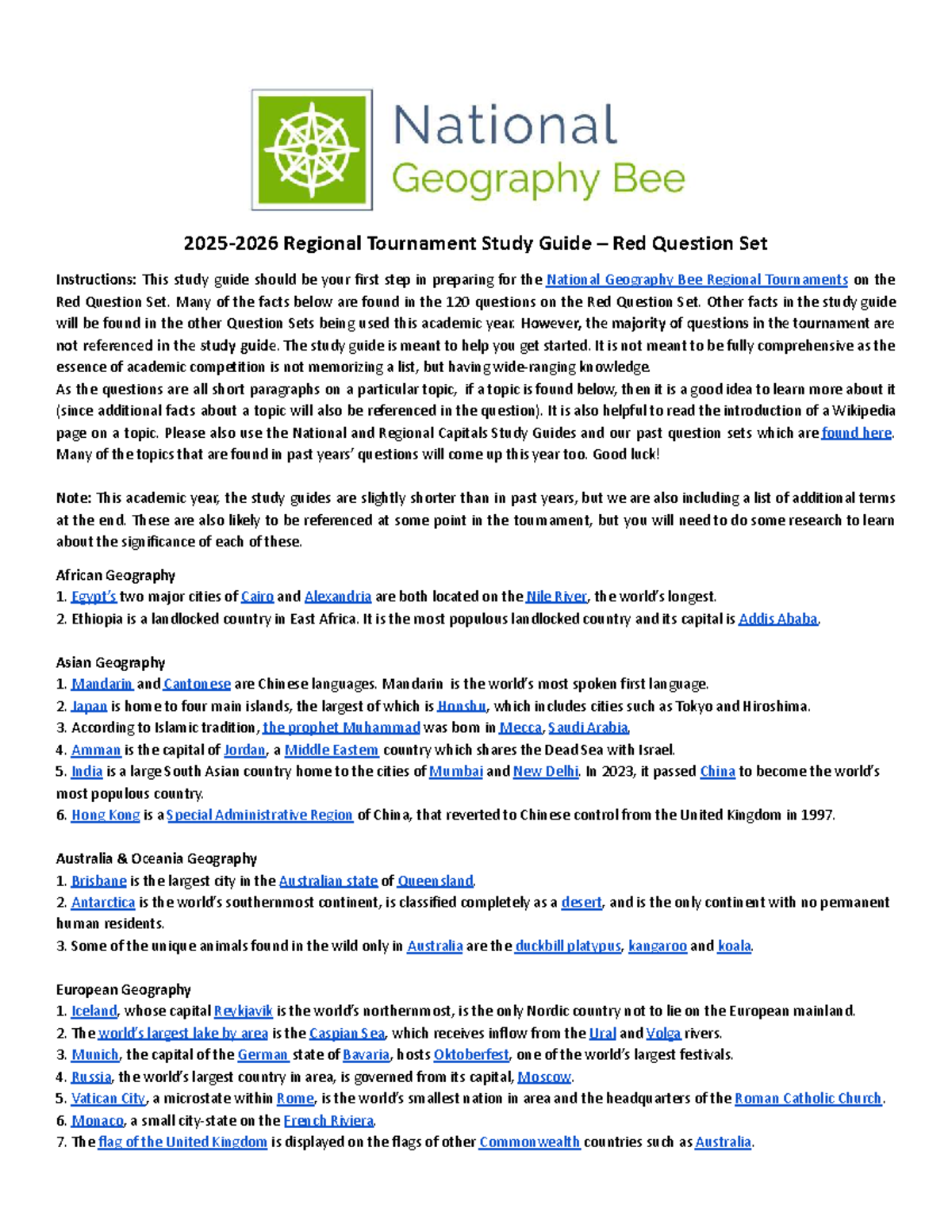 2025-26 National Geography Bee Red Set Study Guide - Studocu