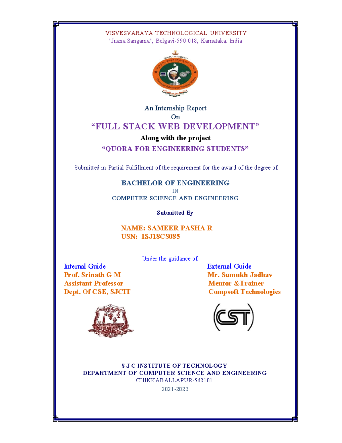 Internship Report on Full Stack Web Development for 1SJ18CS085 - Studocu