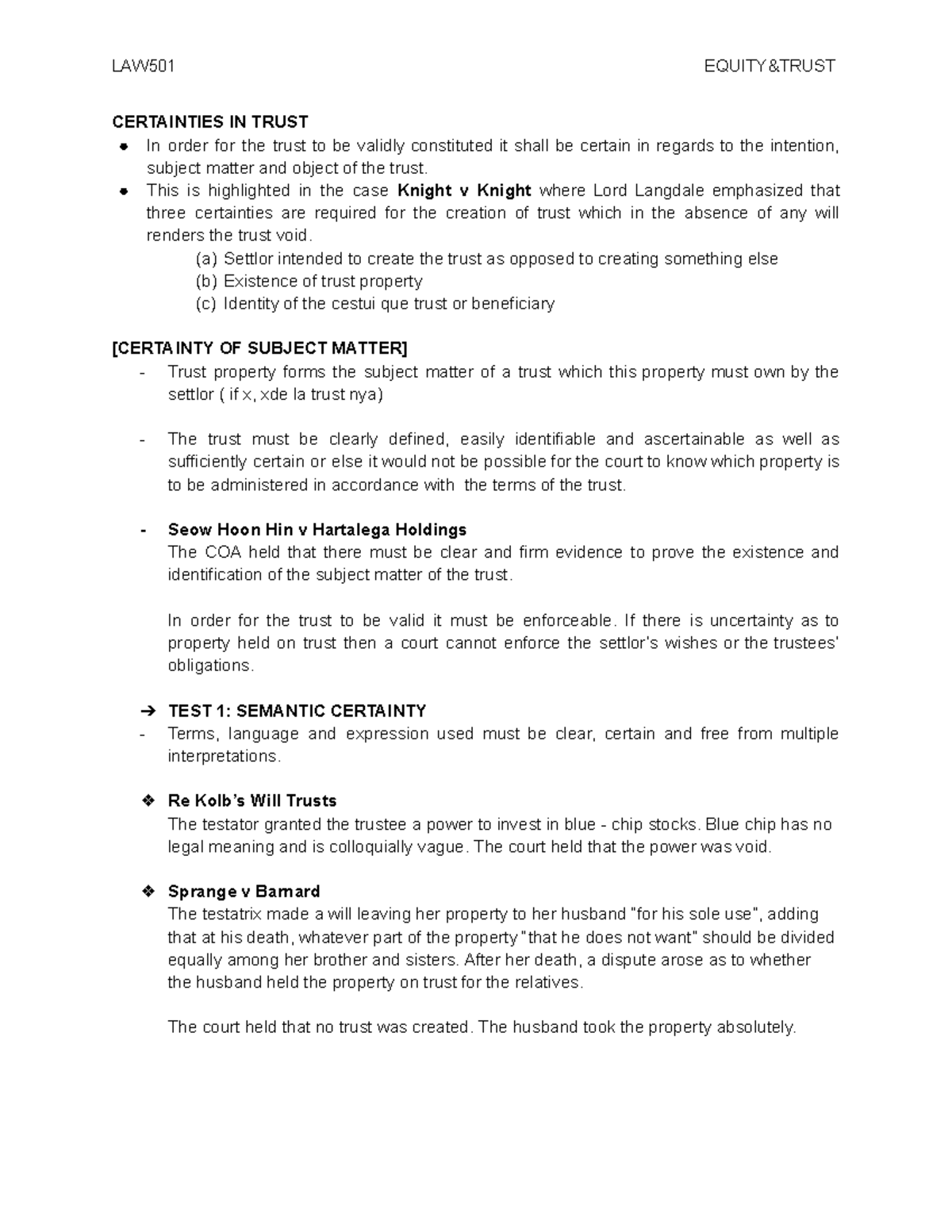 LAW501 Certainties in Trusts: Key Principles and Case Analysis - Studocu