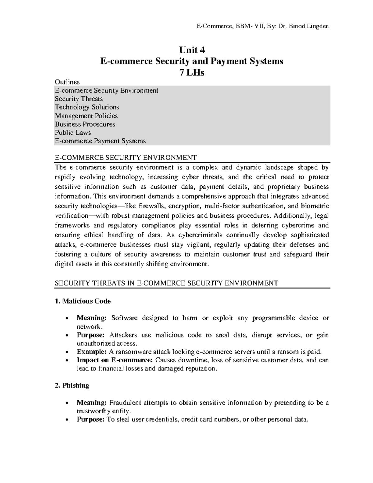 Unit 4 - E-commerce: Security & Payment Systems Overview - Studocu