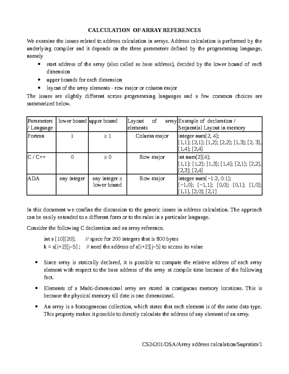 Title: CALCULATION OF ARRAY REFERENCES: Addressing in Programming ...