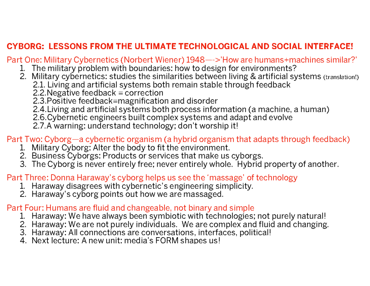 Week 8 1020 - mit 1020 week 8 lecture notes - CYBORG: LESSONS FROM THE ...