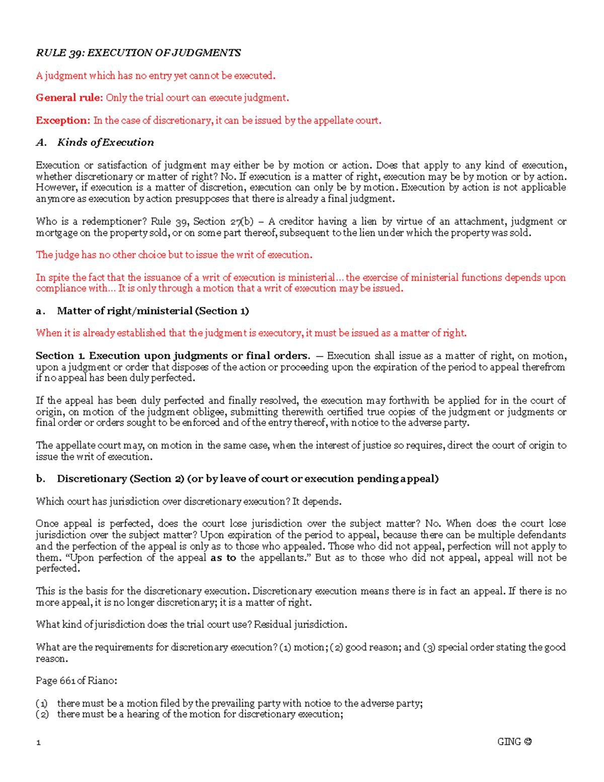 Remedial Law Reviewer: Execution of Judgments Under Rule 39 - Studocu
