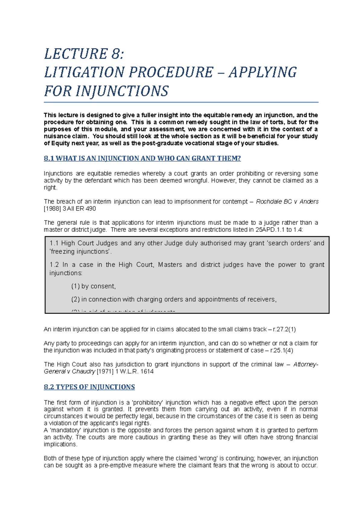 Lecture 8 Interim Injunctions - LECTURE 8: LITIGATION PROCEDURE ...