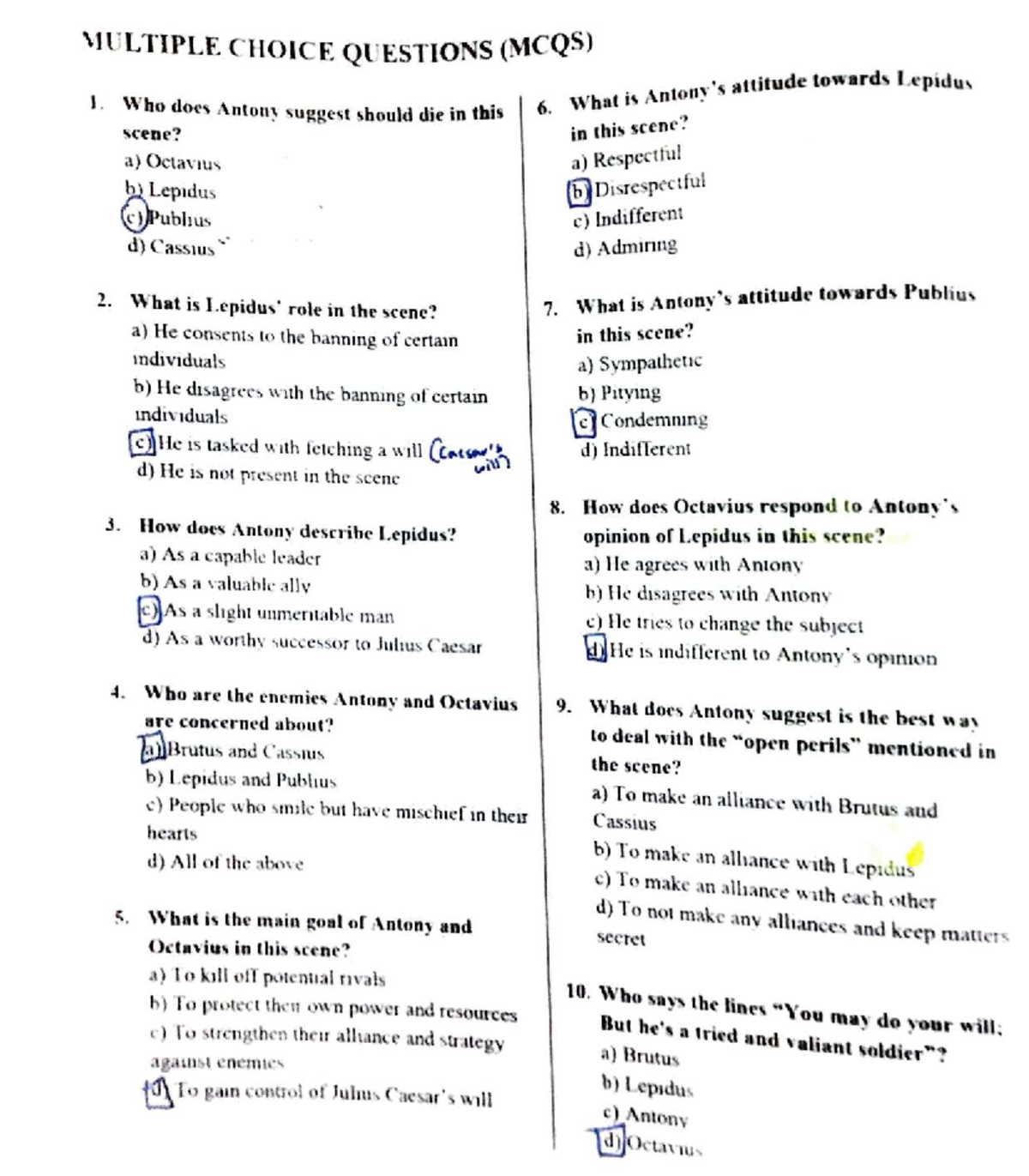 ENG 101 Final Exam MCQs on Julius Caesar and Antony - Studocu