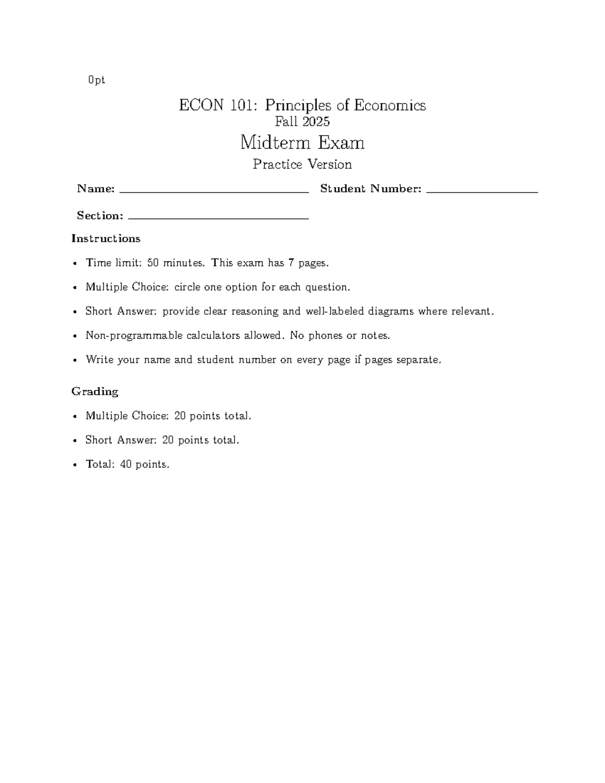 ECON 101: Fall 2025 Midterm Exam Practice Questions and Guidelines ...