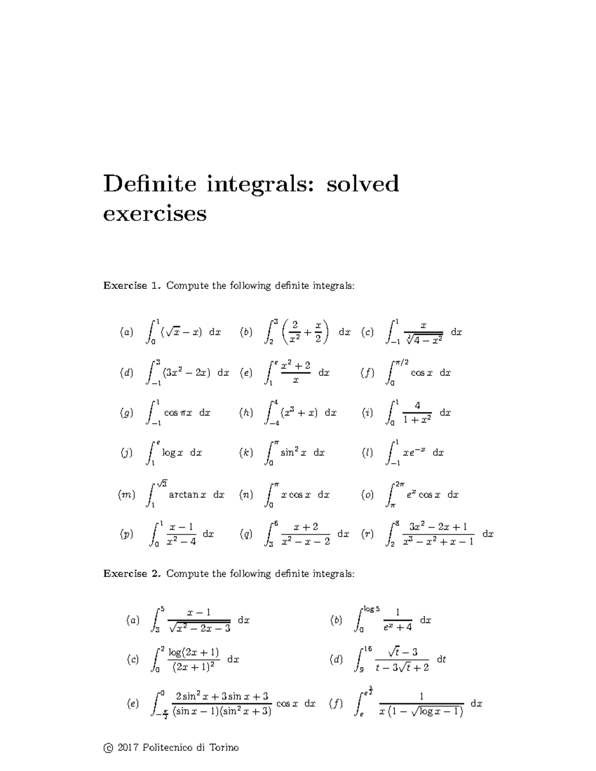 Definite Integrals: Solved Exercises for Course Code MATH101 - Studocu