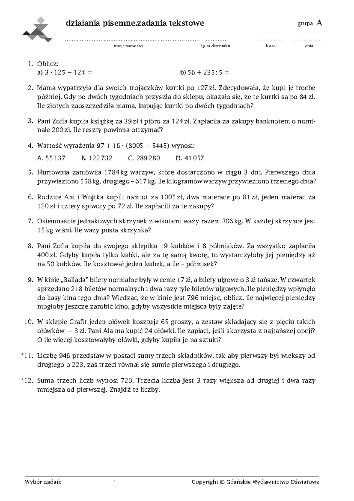 Działania Pisemne Klasa 5 Zadania Do Druku www.studocu.com