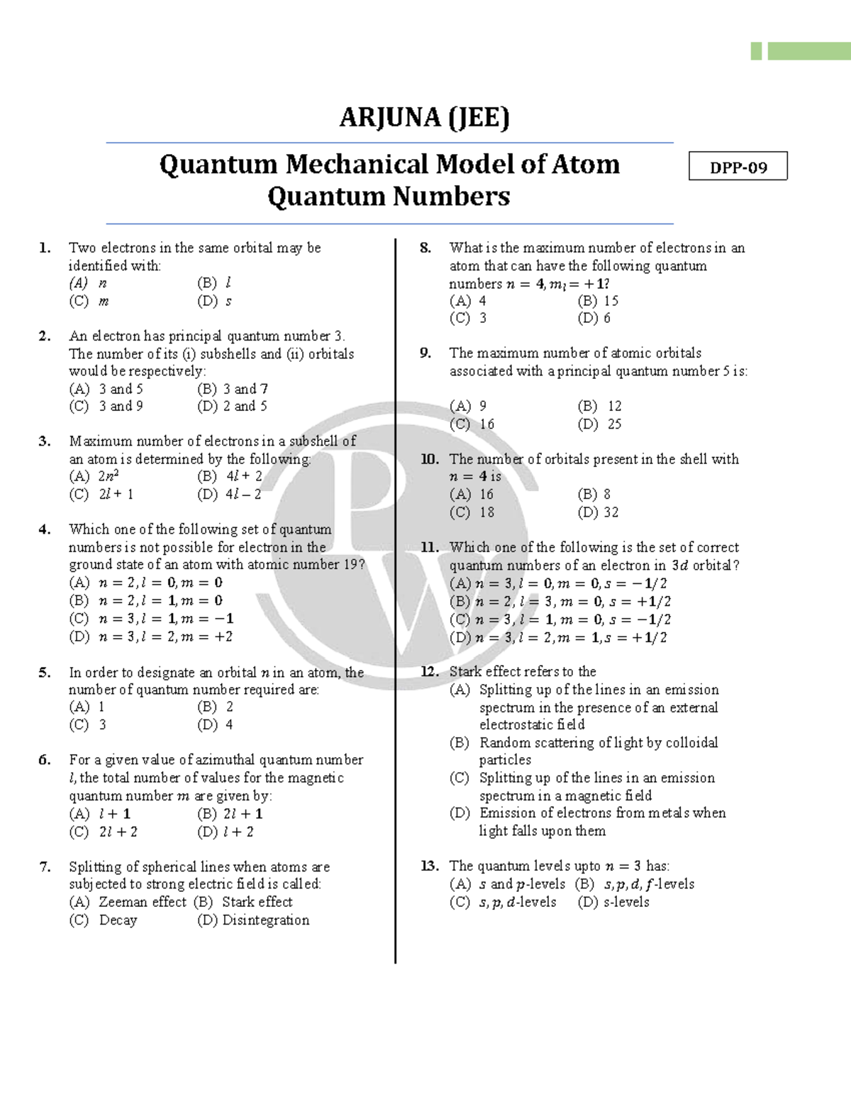 1 ARJUNA (JEE) Quantum Mechanical Model of Atom: Quantum Numbers Quiz ...