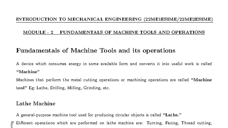 ME 202: Module 2 - Fundamentals of Machine Tools and Operations - Studocu
