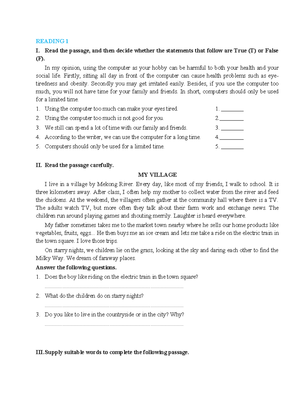 Chuyên Đề Bài Tập Anh 8: Reading Exercises and Answers - Studocu