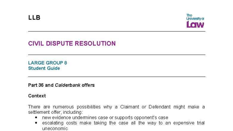 LLB Civil Dispute Resolution: Large Group 8 Student Guide on Part 36 ...