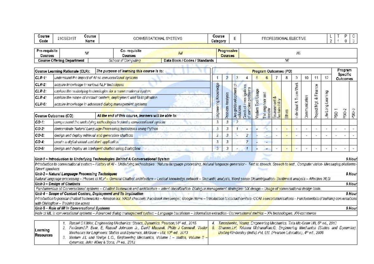 LTPC 21CSE315T Conversational Systems Syllabus - Professional Elective ...