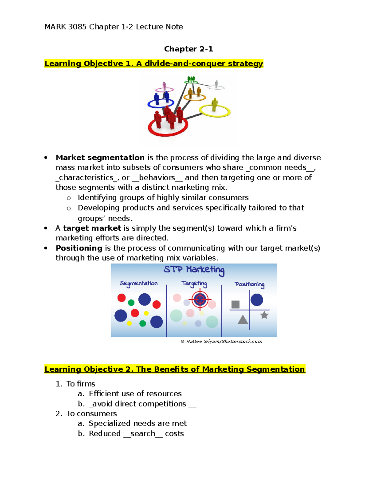 MARK 3085 Chapter 2-1 Lecture Notes on Market Segmentation Strategies ...