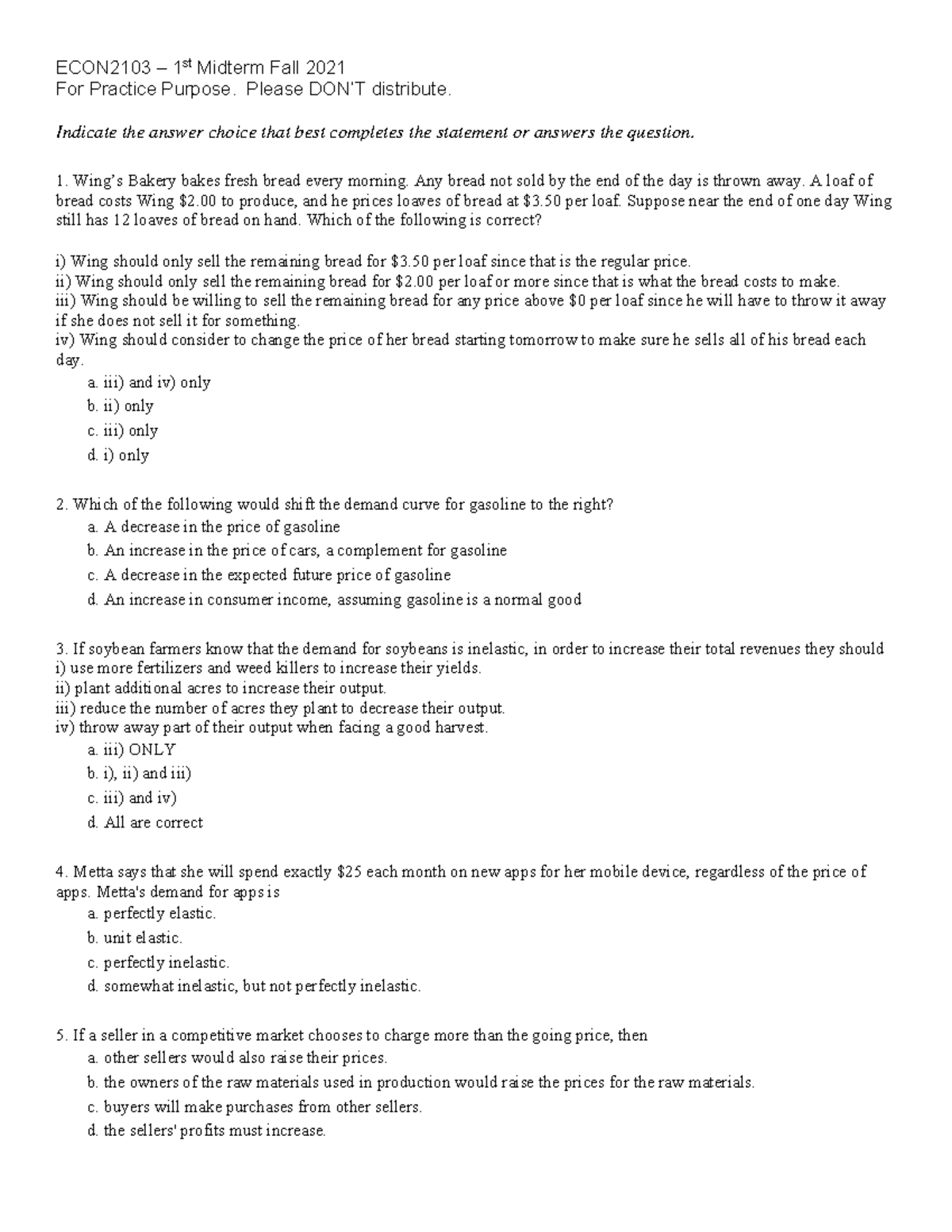 ECON2103 1st Midterm Fall 2021 Practice Questions and Answers - Studocu