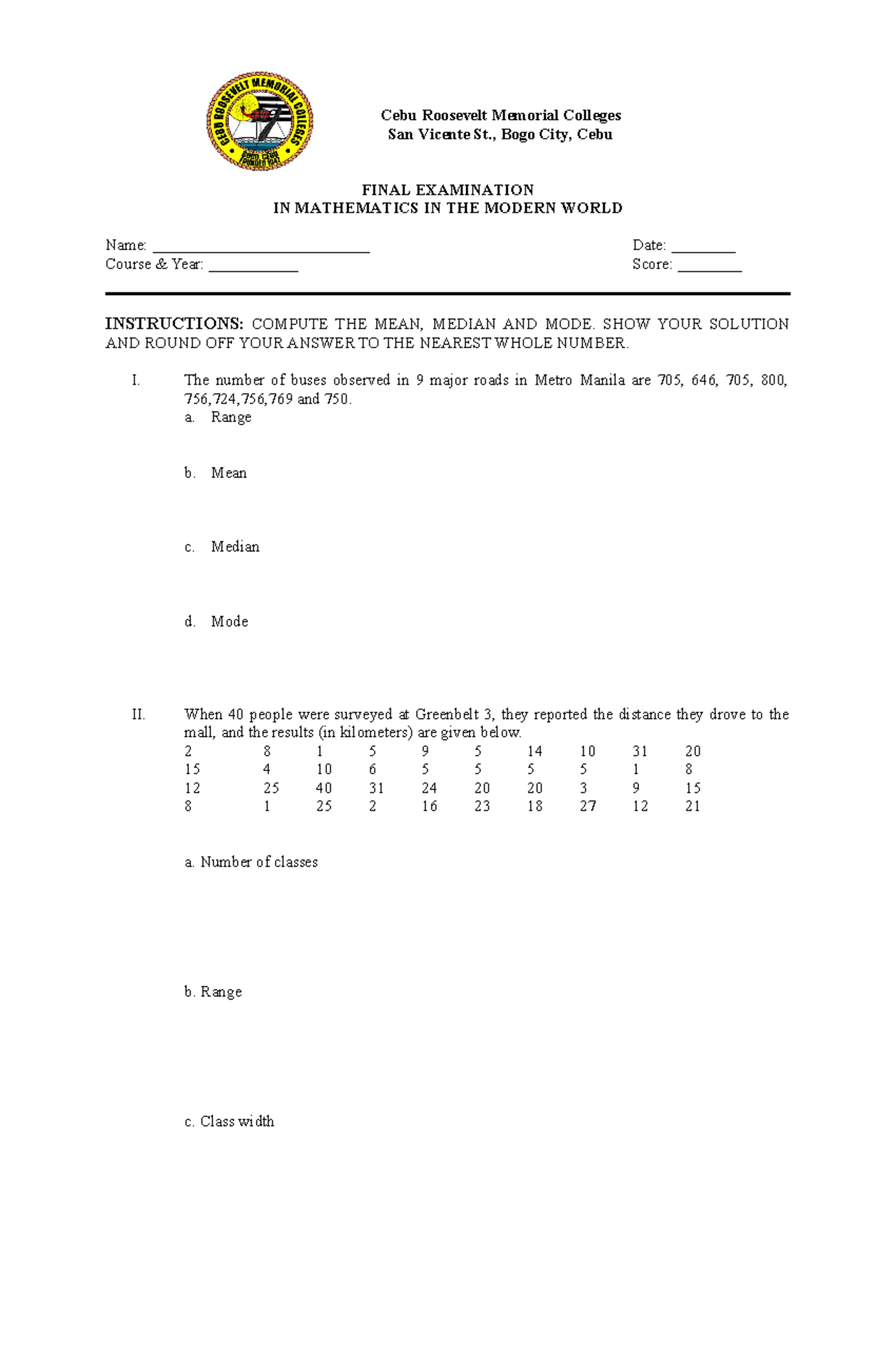 MMW 101 - Final Exam Practice in Mathematics in the Modern World - Studocu