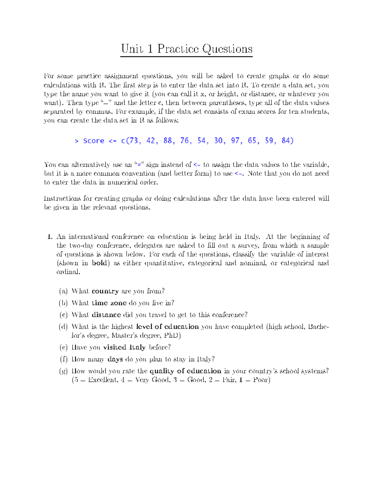 Unit 1 Practice Questions and R Data Analysis Techniques - Studocu