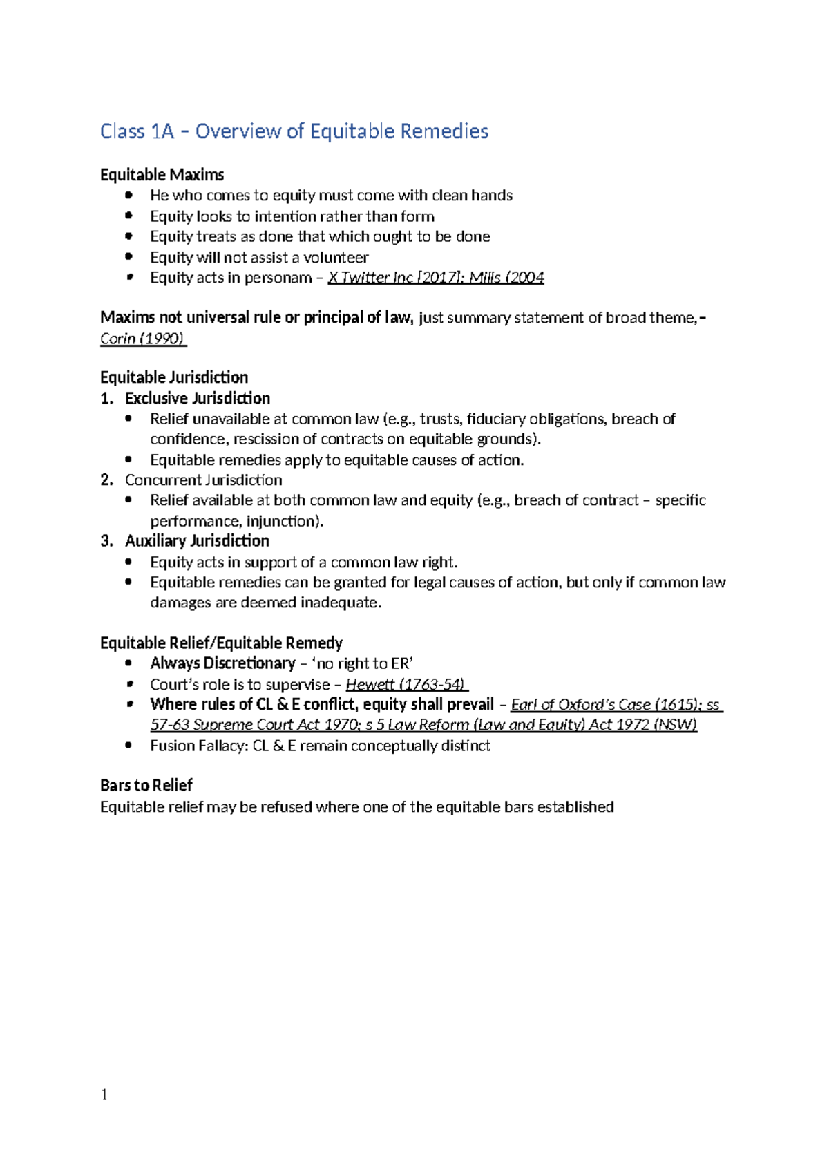 Class 1A - Overview of Equitable Remedies and Defenses - Studocu