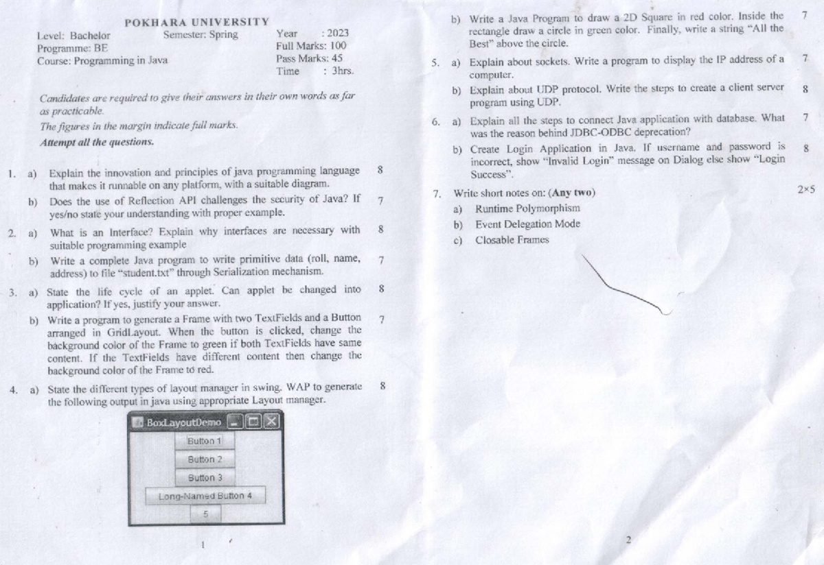 Java Programming in Spring 2023: Question Paper (BE) - Studocu