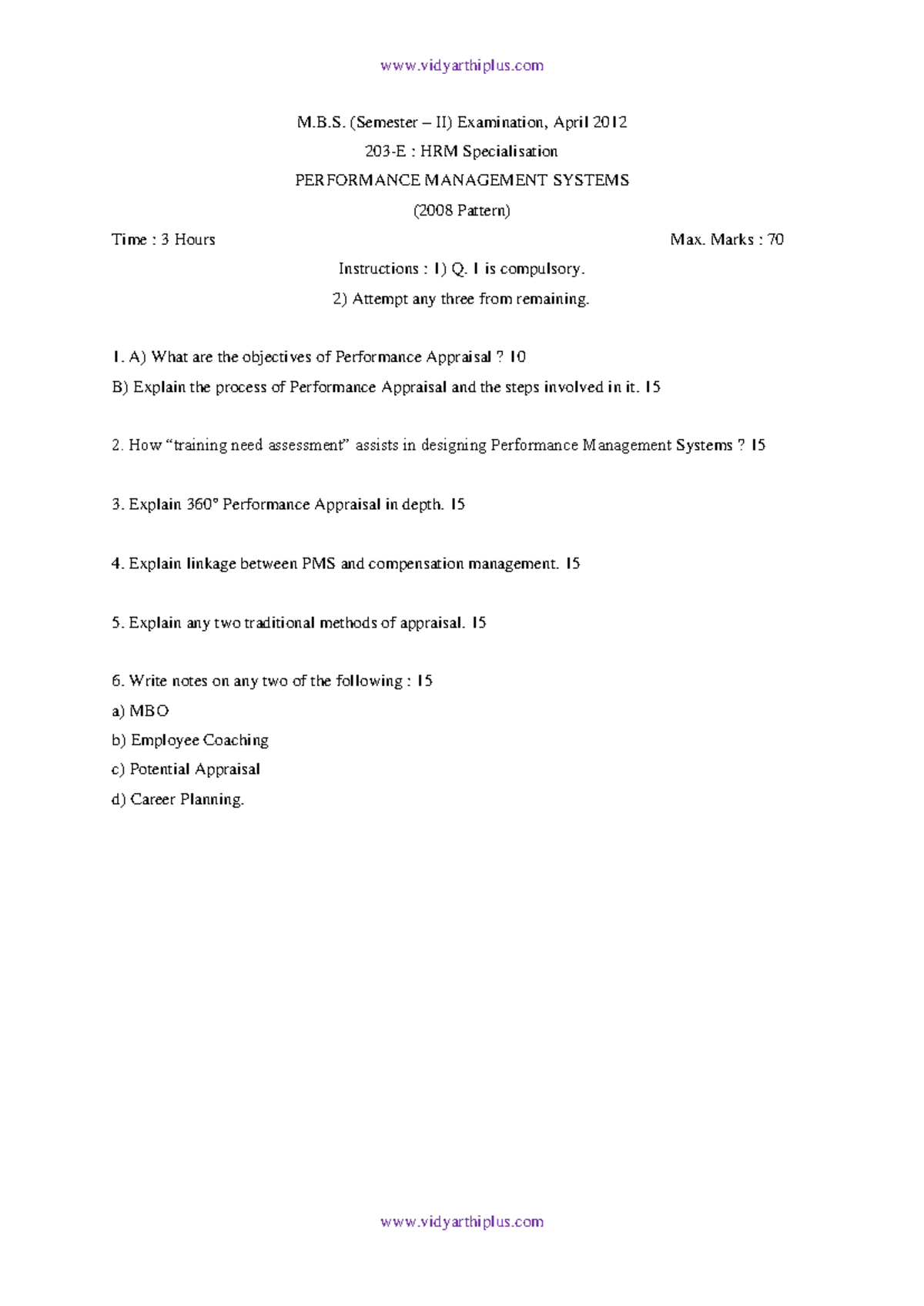 M.B.S. II Sem 203-E: Performance Management Systems Exam Notes - Studocu