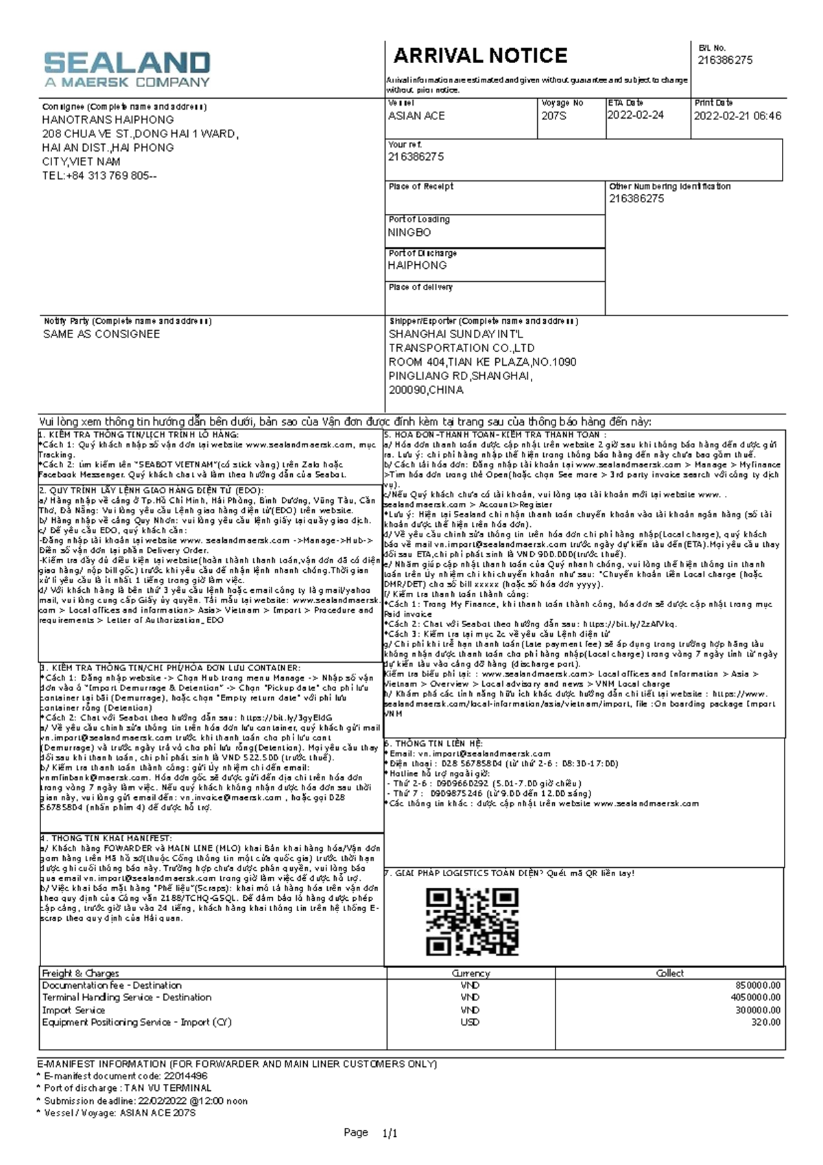 Arrival Notice for B/L No. 216386275 - Vessel: ASIAN ACE, Voyage 207S ...