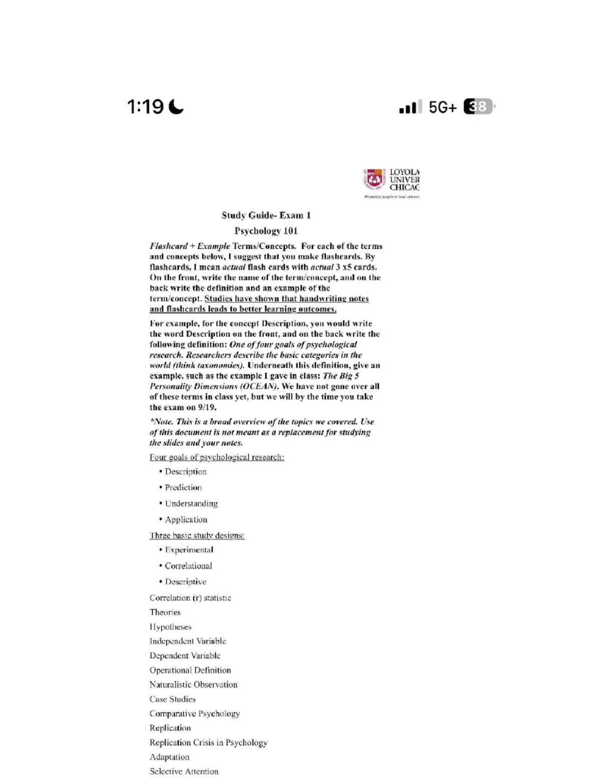 Document Analysis and Study Guide for PSY 101 Exam 1 Flashcards - Studocu