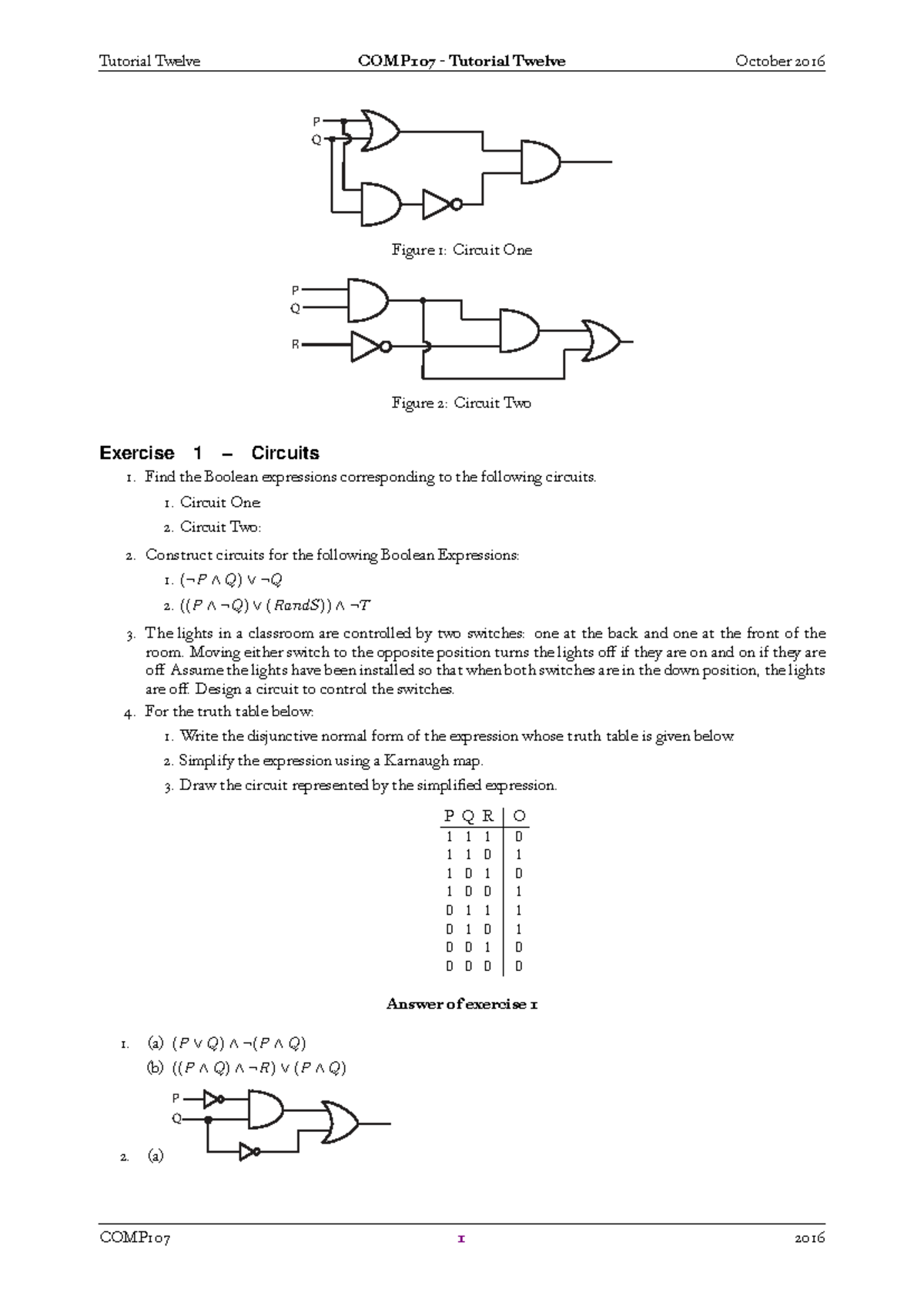 COMP107 Tutorial 12: Logic Circuits and Boolean Expressions - Studocu