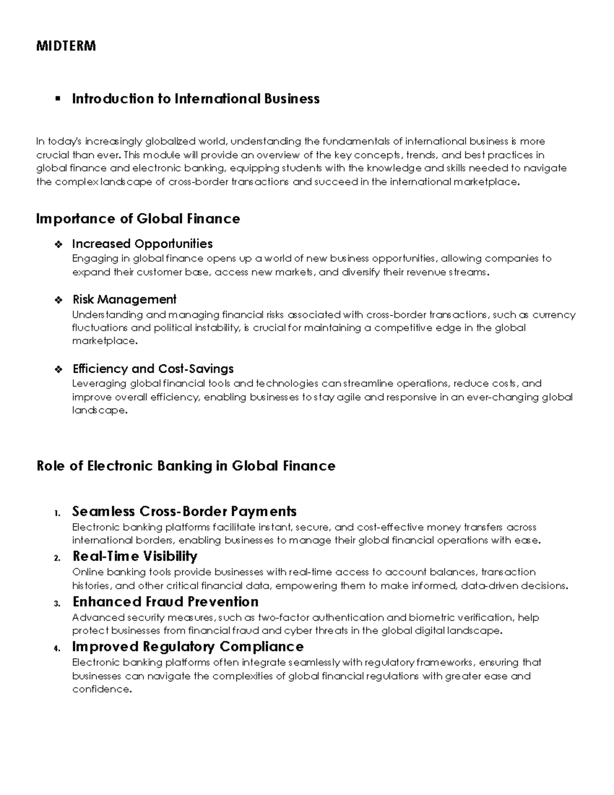 MIDTERM INTL BUS: Key Concepts in Global Finance & E-Banking - Studocu