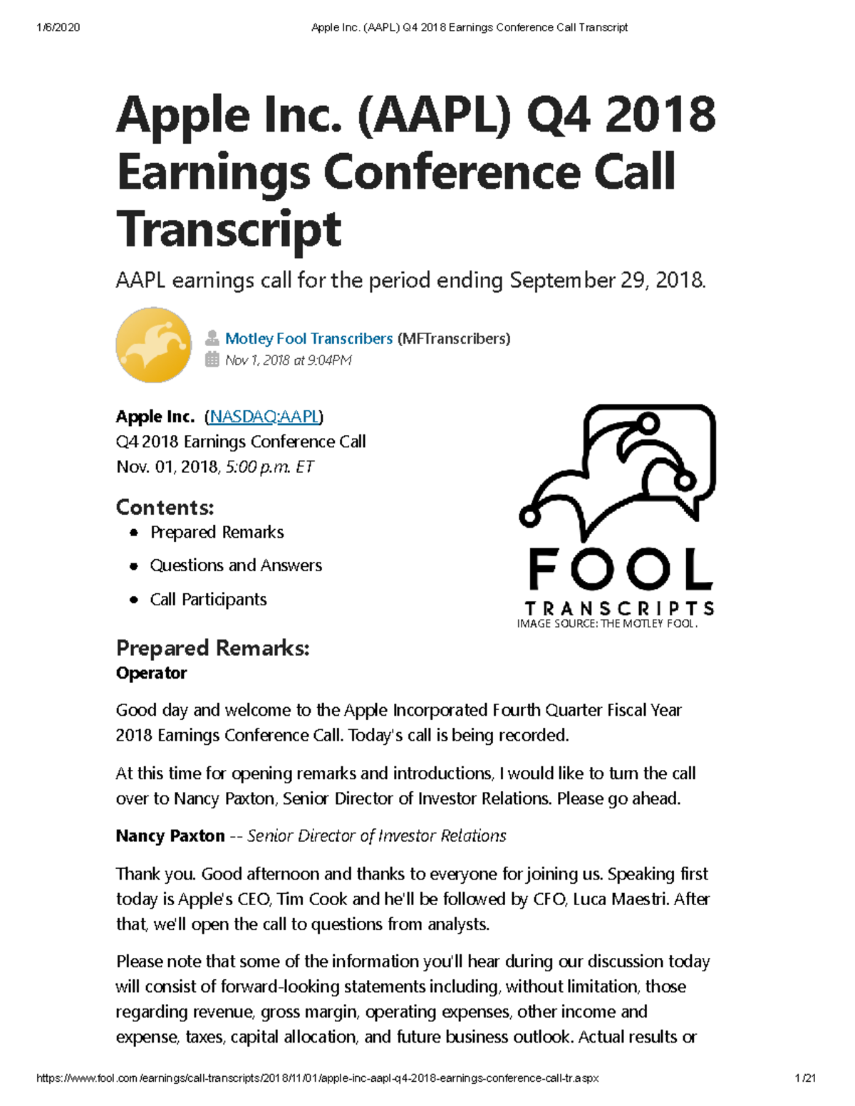 AAPL Q4 2018 Earnings Call Transcript Analysis and Highlights - Studocu
