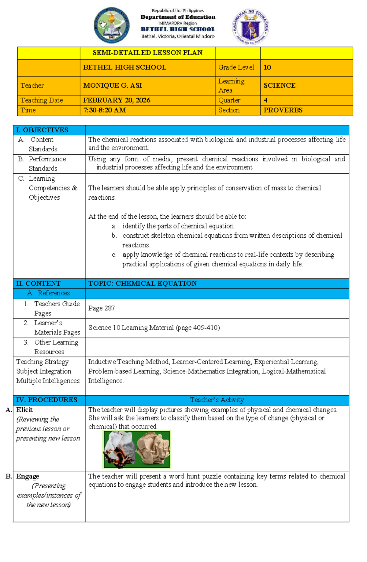 SCI 10 Lesson Plan: Understanding Chemical Equations and Reactions ...