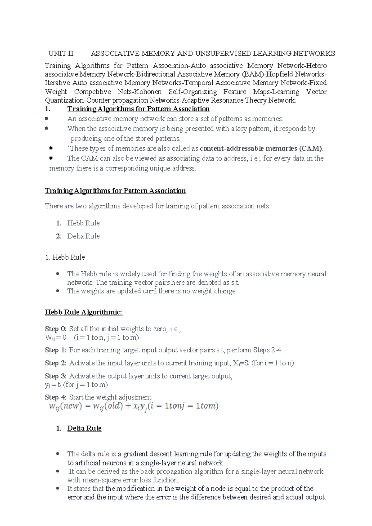 UNIT II Notes - Associative Memory & Unsupervised Learning Networks ...