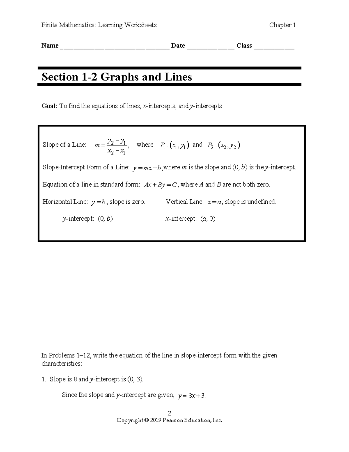 Finite Mathematics: Chapter 1 Worksheets on Graphs and Lines - Studocu