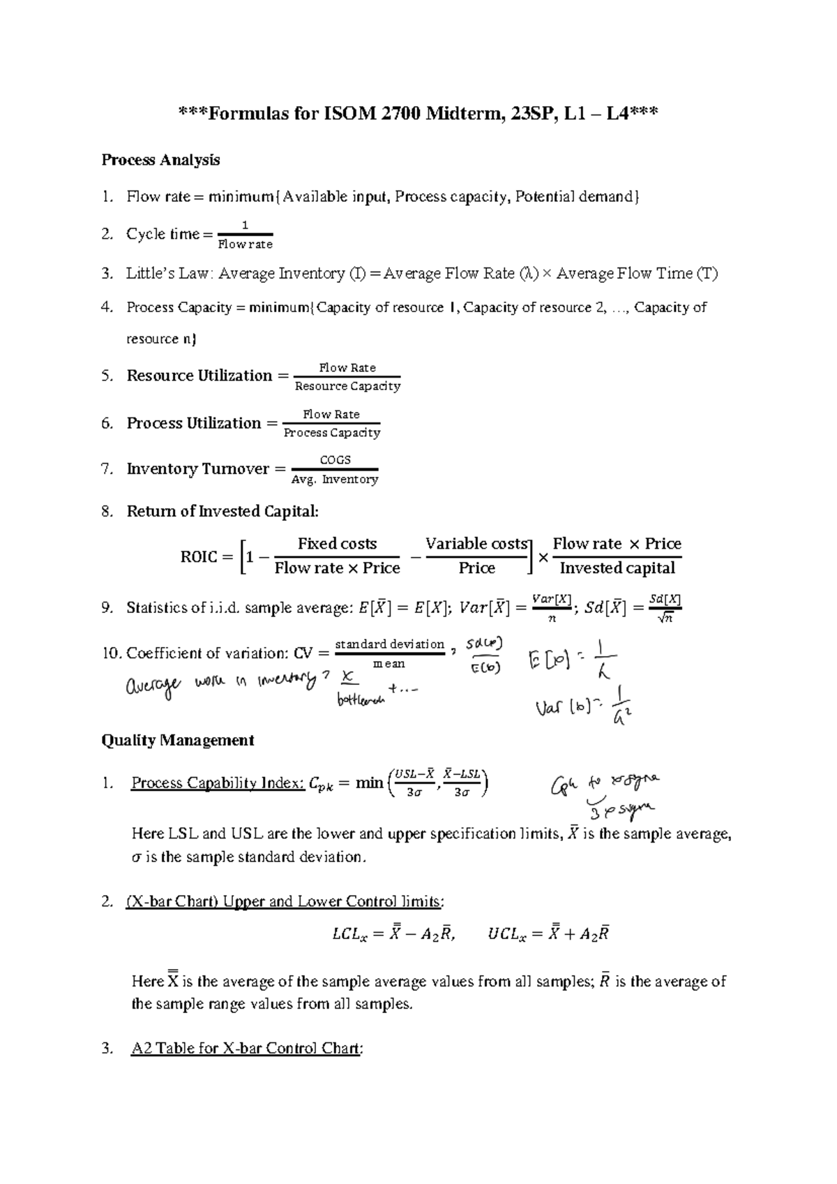 Formulas for ISOM 2700 Midterm (23SP) – Process Analysis & Quality ...