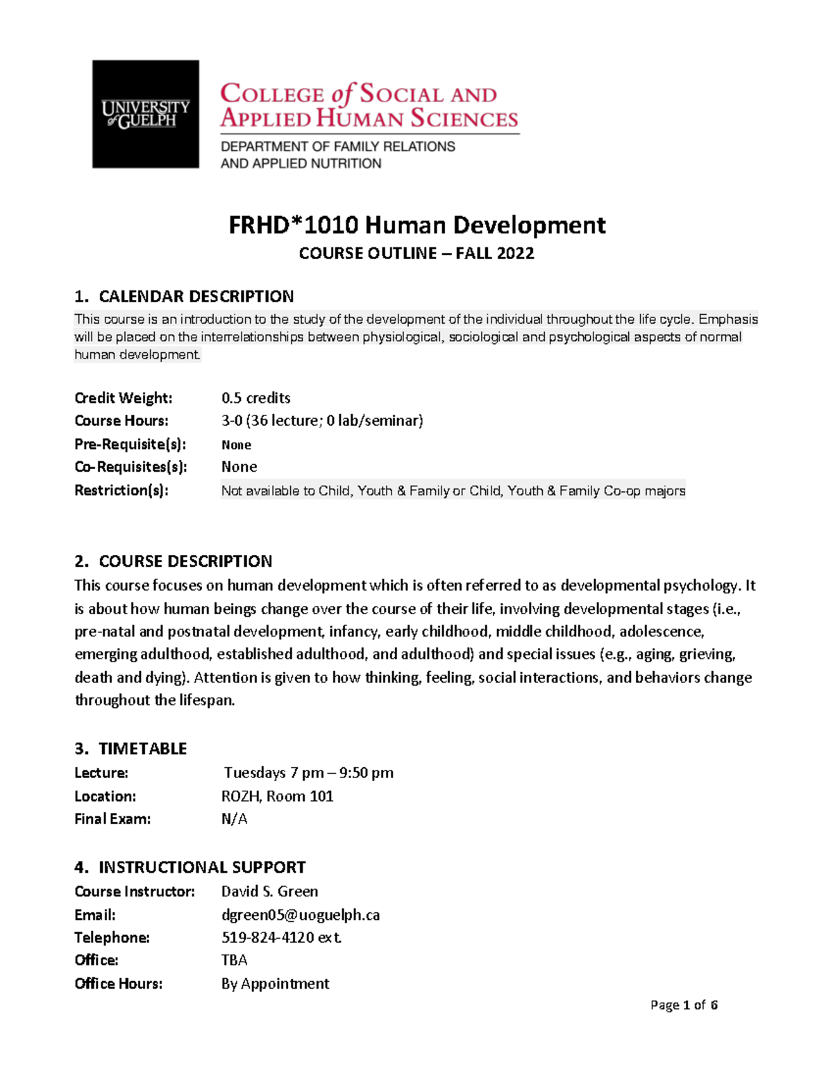 FRHD1010 Human Development Course Outline – Fall 2022 - Studocu