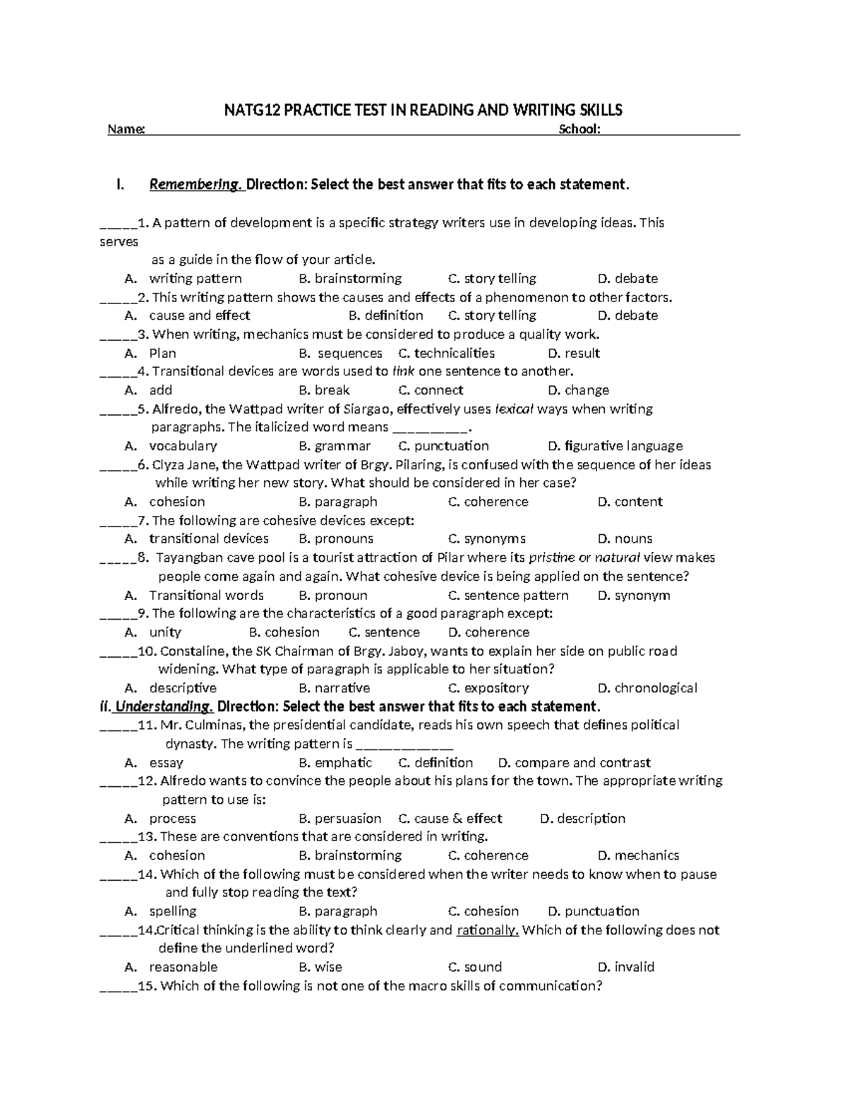 NATG12 Practice TEST IN Reading AND Writing Skills - NATG12 PRACTICE ...