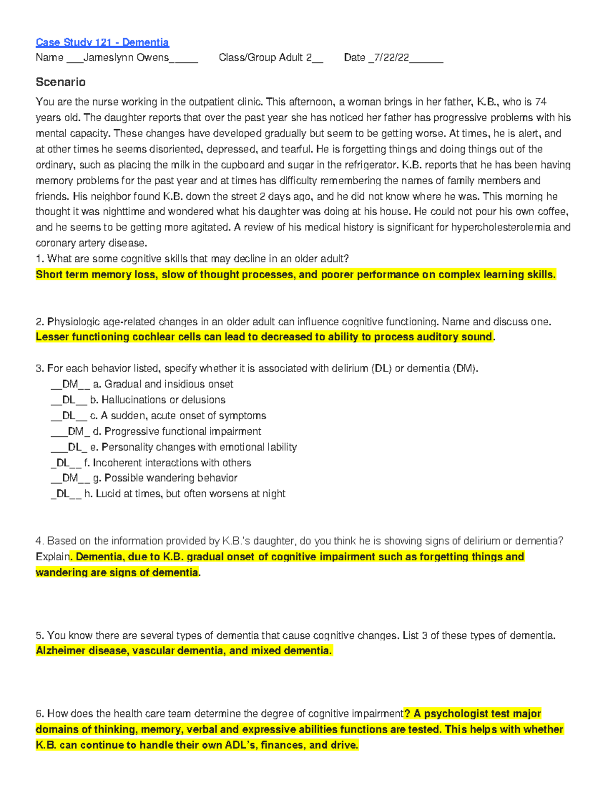 NUR 121 - Dementia Case Study: Assessment & Care Planning - Studocu