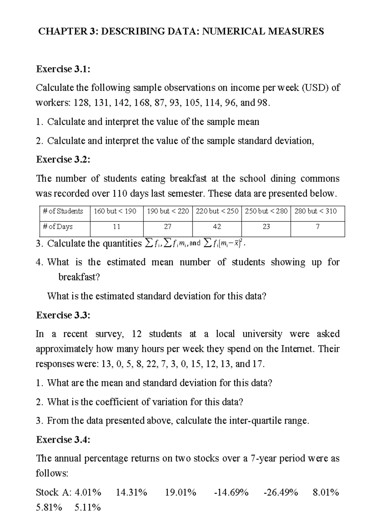 C3 - Chapter 3 Exercises: Describing Data & Numerical Measures - Studocu